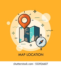 World map, destination point pin and compass. GPS navigation and location search concept, touristic service and travel mobile application logo. Vector illustration in thin line style for website, ad.