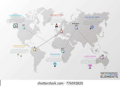 World map with destination points, thin line symbols, 5 star rating indication, text boxes. Infographic design template. Concept of optimal route planning, touristic guide. Modern vector illustration.