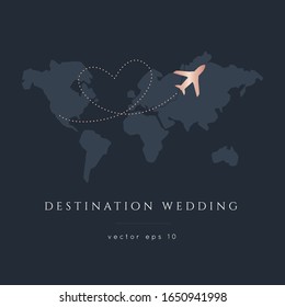 World Map Destination Wedding.Vintage  Invitation overlay.Airplane flying around the world vector design template.Atlas Travel Theme.