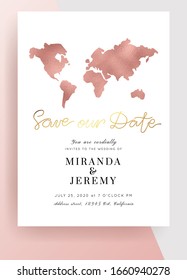 World Map Destination Wedding.Vintage  Invitation overlay.Modern luxury vector design template.Atlas Travel Theme.