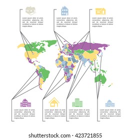 World map with detailed description and illustration of the type of property with the specification on the map. Types of residential buildings and places of their use on the world map.
