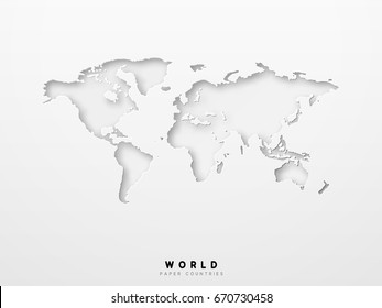World map detailed design of white color cut from paper. 