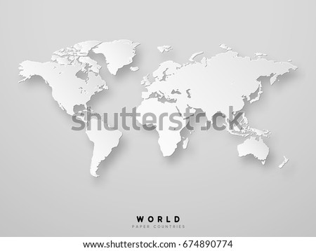 World map detailed design in white color vector illustration. 3D paper.