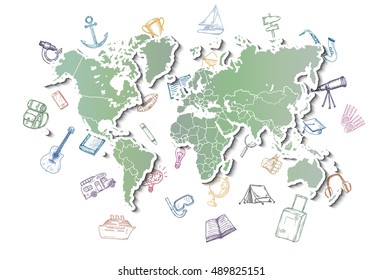 World map with different doodles about travel, education and science. Hand drawn vector.