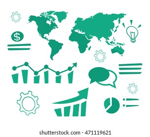 Mapa mundial con diferentes infografías, bombilla, moneda, vectores de rueda, ilustración de diseño plano aislado en fondo blanco.