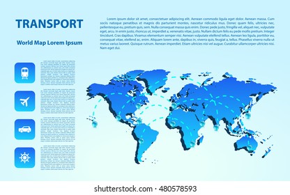 World map with different marks and transport. Design elements