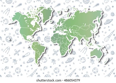 World map with different space doodles. Hand drawn vector.