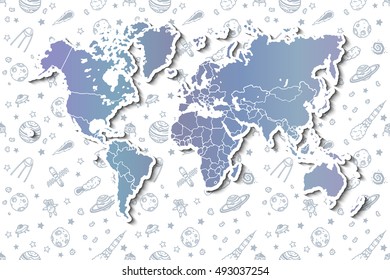 World map with different space doodles. Hand drawn vector.