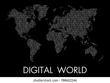 World map with digital filling. Computer technology background, Hacking, Ddos-attack, Spam, Computer Virus Concept. Vector Illustration. Computer virus danger sign.