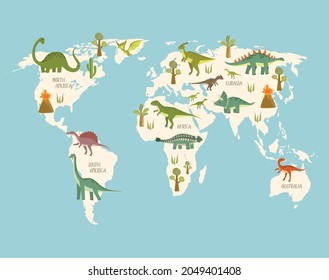 World Map With Dinosaurs. Dino World Map. Cartoon Dinosaurs.