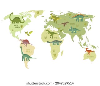 World Map With Dinosaurs. Dino World Map. Cartoon Dinosaurs.