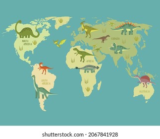 World Map With Dinosaurs. Dino World Map. Cartoon Dinosaurs.