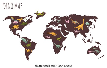 World map of dinosaurs. Habitat of prehistoric reptiles.Dino card.Hand drawn cute animals.Childish paleontology.Sketch Jurassic lizard girls.Educational illustration. 