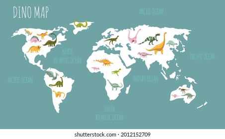 World map of dinosaurs. Habitat of prehistoric reptiles.Hand drawn cute animals.Childish paleontology.Educational illustration. Developing poster for kid room. Dino card