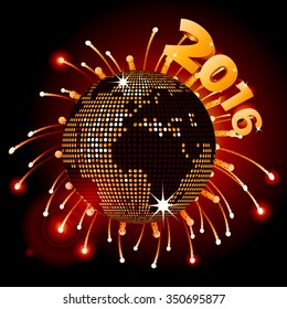 World Map Disco Ball Celebrating 2016 New Years Over Fireworks