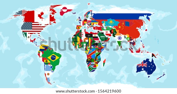 world map divided by\
countries and flags