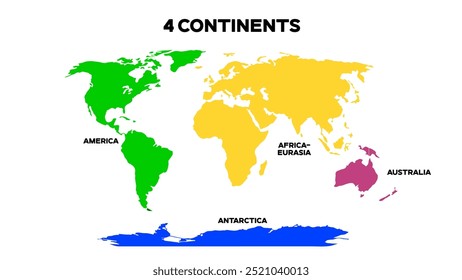 Mapa do Mundo Dividido em 4 Continentes. Mapa Mundial Internacional com continentes representados com cores diferentes. Arquivo EPS editável.