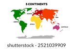 World Map Divided into 5 Continents. International World Map with continents represented with different colors. Editable EPS file.