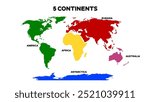 World Map Divided into 5 Continents. International World Map with continents represented with different colors. Editable EPS file.