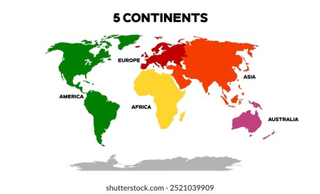 World Map Divided into 5 Continents. International World Map with continents represented with different colors. Editable EPS file.