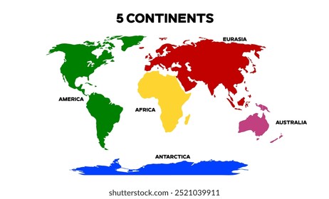 Mapa do Mundo Dividido em 5 Continentes. Mapa Mundial Internacional com continentes representados com cores diferentes. Arquivo EPS editável.