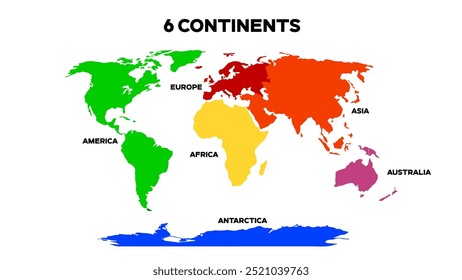 Mapa do Mundo Dividido em 6 Continentes. Mapa Mundial Internacional com continentes representados com cores diferentes. Arquivo EPS editável.