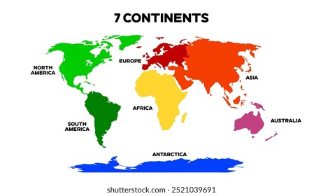 World Map Divided into 7 Continents. International World Map with continents represented with different colors. Editable EPS file.