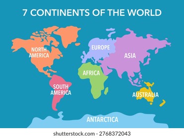 World map divided into 7 continents in flat design.