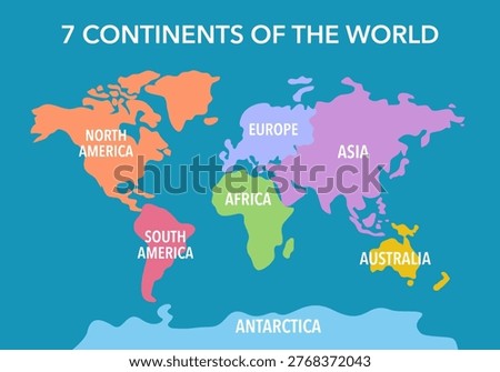 World map divided into 7 continents in flat design.