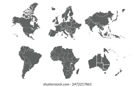 world map divided into continents isolated on white background. for website layouts, reports, annual infographics, world,travel around the world, map silhouette backdrop.