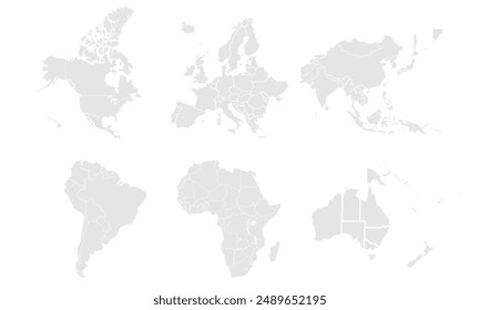 world map divided into continents illustration,isolated on white background for website layouts,background,education, precise,customizable,Travel worldwide,map silhouette backdrop,earth geography.