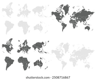 Mapa do mundo dividido em continents.Asia, Europe, Africa, Antarctica, North America, South America and Australia.set de mapas.