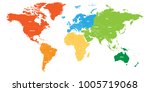 World map divided into six continents. Each continent in different color. Simple flat vector illustration.