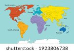 World map divided into six continents in different color. World map 6 continents isolated. Vector stock
