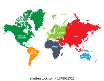 World map divided into six continents. Each continent in different color.