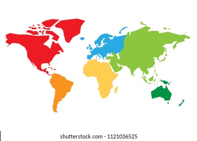 World map divided into six continents. Each continent in different color. Simple flat vector illustration.