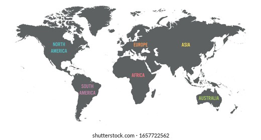 World Map Divided Into Six Continents. Simple Flat Vector Illustration.