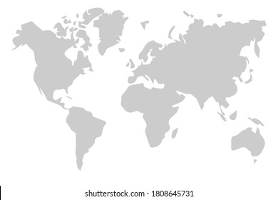 The world map is divided into six continents in gray: North America, South America, Africa, Europe, Asia and Australia Oceania. No inscriptions. Vector dimensionless graphics.