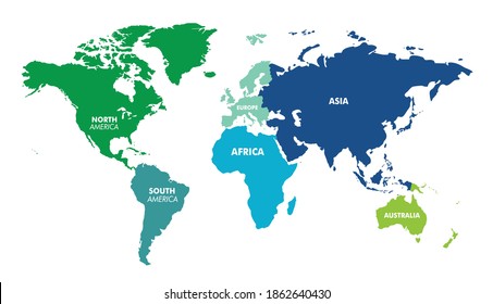 World map divided into six continents in different color. World map 6 continents isolated on white background. Vector stock