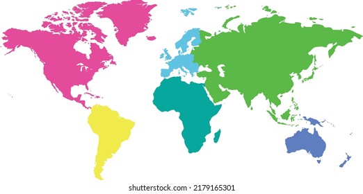 The world map is divided into six continents in different colors. Each continent in a different color. Colorful map of the world of 6 isolated continents.