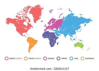 Mapa mundial dividido en seis continentes de diferente color. Mapa mundial 6 continentes aislados en fondo blanco. Material vectorial