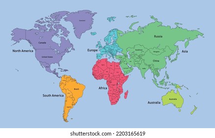 World Map Divided Into Six Continents With Country Names. Each Continent in Different Color. Colorful Political Map of World. Simple Flat Vector Illustration