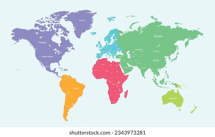 Weltkarte unterteilt in sechs Kontinente mit Ländernamen. Jeder Kontinent in verschiedenen Farben. Farbige politische Karte der Welt. Einfache flache Vektorgrafik