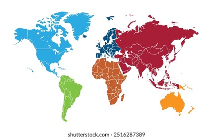 Mapa mundial dividido en seis continentes cada uno en diferentes colores simple Ilustración vectorial plana.