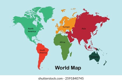 World map divided into six continents. Each continent in different color. Simple flat vector illustration.