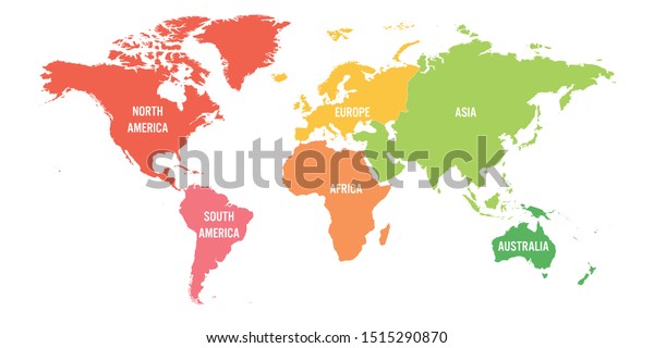 世界地図は6大陸に分かれている 大陸ごとに色が違う 単純な平らなベクター画像イラスト のベクター画像素材 ロイヤリティフリー