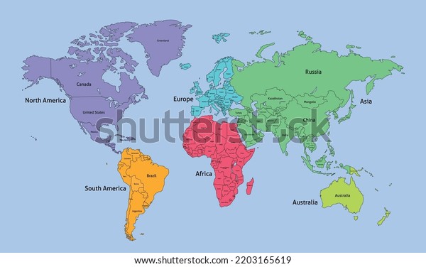 World Map Divided Into Six Continents
With Country Names. Each Continent in Different Color. Colorful
Political Map of World. Simple Flat Vector
Illustration