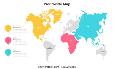 World map divided into states or countries with modern borders. Travel location indication. Infographic design template. Vector illustration for statistics review or report, touristic website.