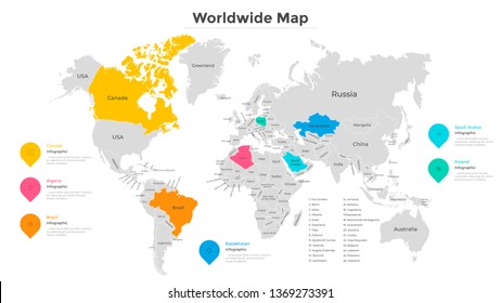 World map divided into states or countries with modern borders. Travel location indication. Infographic design template. Vector illustration for statistics review or report, touristic website.
