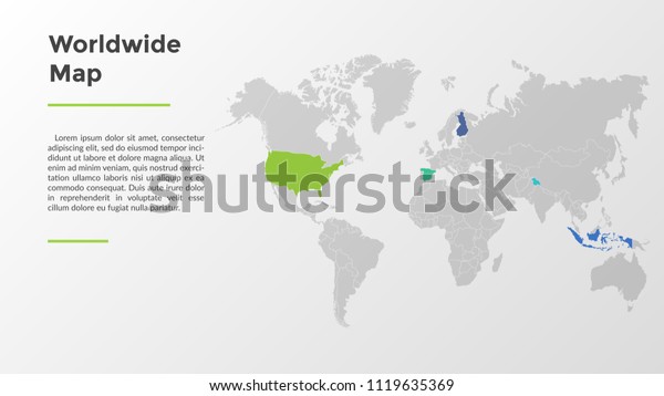 World map divided into states or countries with\
modern borders. Travel location indication. Infographic design\
template. Vector illustration for statistics review or report,\
touristic website.